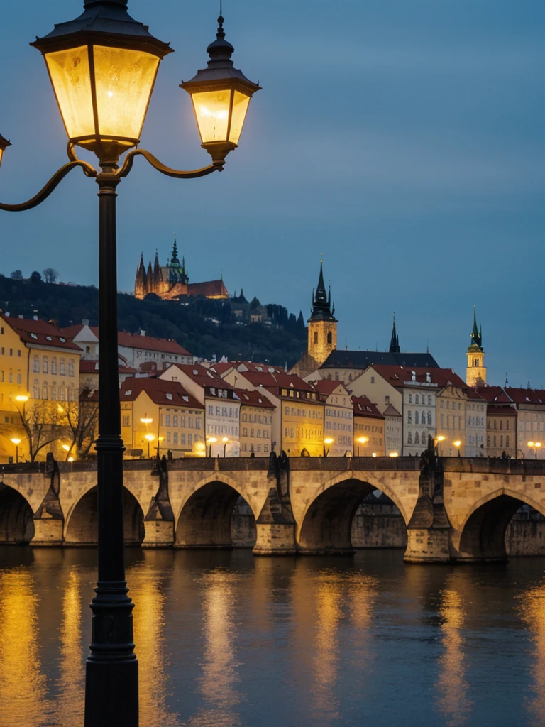 her name is Asako, high quality, 1girl, ((20-year-old fit Caucasian woman)), ((20 years old)), ((slim)), ((Korean Short Bob)), pose: standing, wearing Contemporary Generation-Z modern wear different colored, BACKGROUND: "On the Charles Bridge, with historic street lamps casting a glow over the Vltava River and Prague Castle illuminated in the distance."