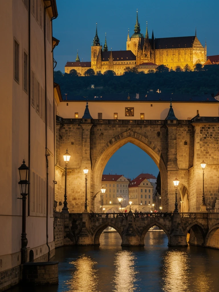 her name is Asako, high quality, 1girl, ((20-year-old fit Caucasian woman)), ((20 years old)), ((slim)), ((Korean Short Bob)), pose: standing, wearing Contemporary Generation-Z modern wear different colored, BACKGROUND: "On the Charles Bridge, with historic street lamps casting a glow over the Vltava River and Prague Castle illuminated in the distance."
