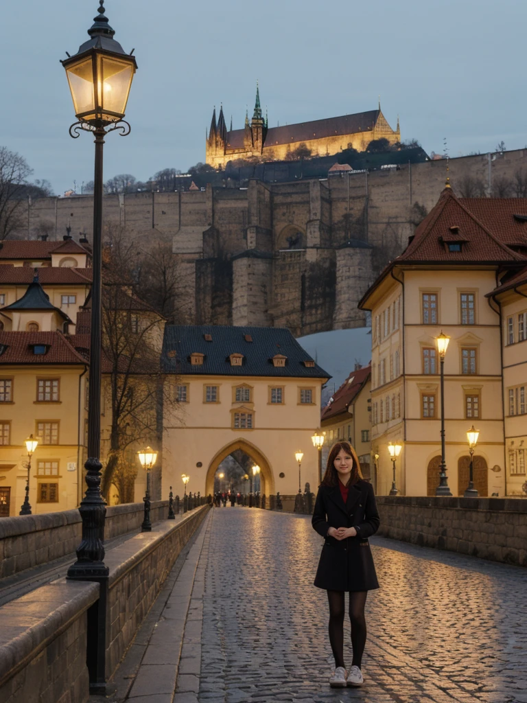 her name is Asako, high quality, 1girl, ((20-year-old fit Caucasian woman)), ((20 years old)), ((slim)), ((Korean Short Bob)), pose: standing, wearing Contemporary Generation-Z modern wear different colored, BACKGROUND:  "On the Charles Bridge, with historic street lamps casting a glow over the Vltava River and Prague Castle illuminated in the distance."