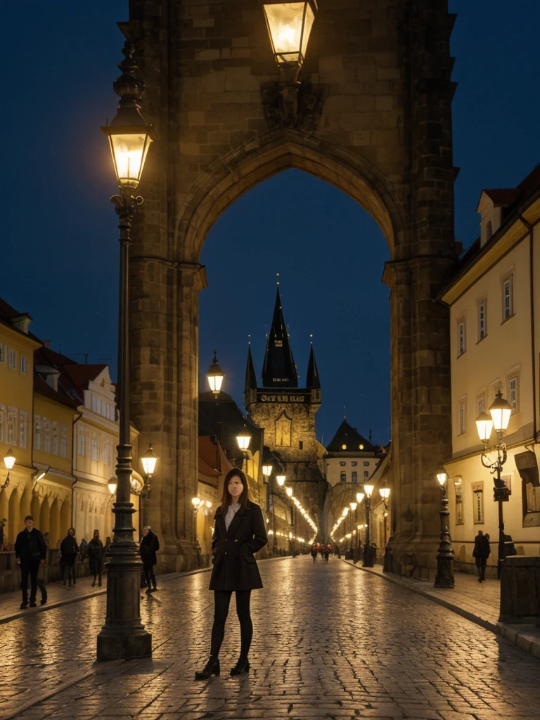 her name is Asako, high quality, 1girl, ((20-year-old fit Caucasian woman)), ((20 years old)), ((slim)), ((Korean Short Bob)), pose: standing, wearing Contemporary Generation-Z modern wear different colored, BACKGROUND:  "On the Charles Bridge, with historic street lamps casting a glow over the Vltava River and Prague Castle illuminated in the distance."