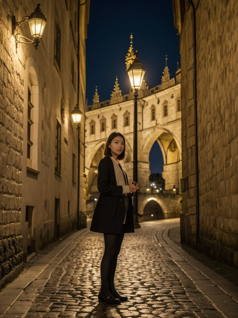 her name is Asako, high quality, 1girl, ((20-year-old fit Caucasian woman)), ((20 years old)), ((slim)), ((Korean Short Bob)), pose: standing, wearing Contemporary Generation-Z modern wear different colored, BACKGROUND: "On the Charles Bridge, with historic street lamps casting a glow over the Vltava River and Prague Castle illuminated in the distance."
