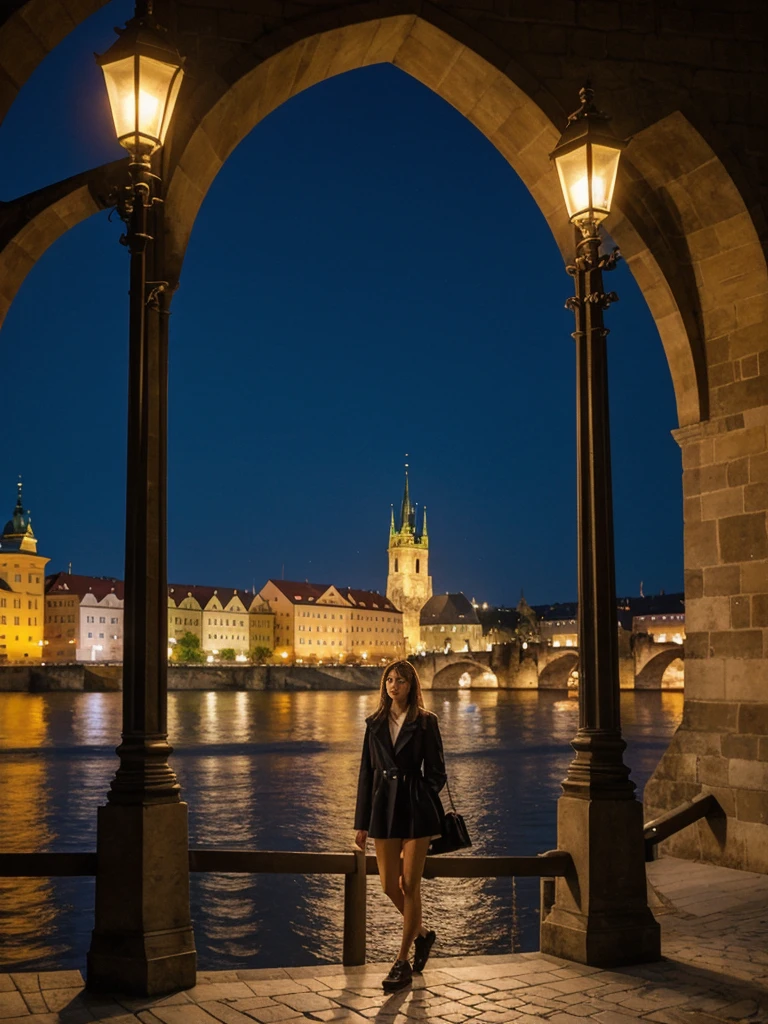 her name is Asako, high quality, 1girl, ((20-year-old fit Caucasian woman)), ((20 years old)), ((slim)), ((Korean Short Bob)), pose: standing, wearing Contemporary Generation-Z modern wear different colored, BACKGROUND:  "On the Charles Bridge, with historic street lamps casting a glow over the Vltava River and Prague Castle illuminated in the distance."