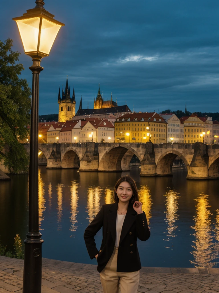 her name is Asako, high quality, 1girl, ((20-year-old fit Caucasian woman)), ((20 years old)), ((slim)), ((Korean Short Bob)), pose: standing, wearing Contemporary Generation-Z modern wear different colored, BACKGROUND:  "On the Charles Bridge, with historic street lamps casting a glow over the Vltava River and Prague Castle illuminated in the distance."