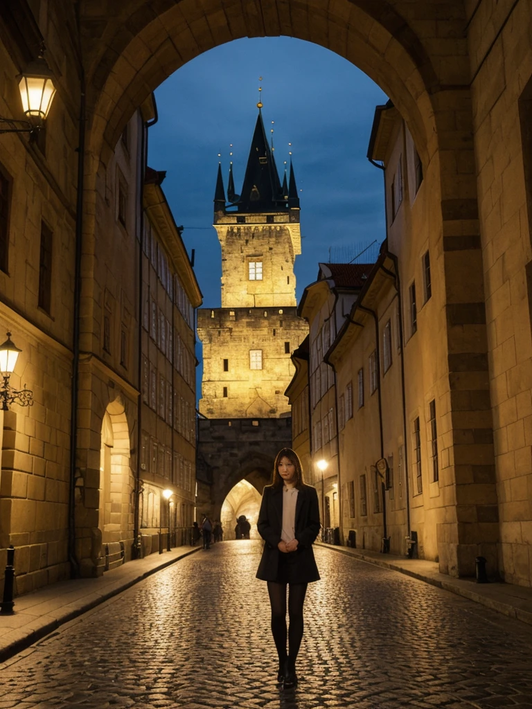 her name is Asako, high quality, 1girl, ((20-year-old fit Caucasian woman)), ((20 years old)), ((slim)), ((Korean Short Bob)), pose: standing, wearing Contemporary Generation-Z modern wear different colored, BACKGROUND:  "On the Charles Bridge, with historic street lamps casting a glow over the Vltava River and Prague Castle illuminated in the distance."