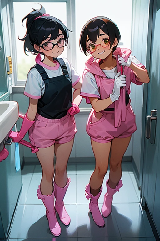 Two elementary school students with freckles and glasses, wearing short-sleeved gym clothes, black hair tied up, and narrow eyes, wearing large pink rubber gloves and white rubber boots, smiling and cleaning the school toilets.