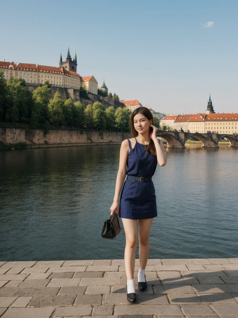 her name is Asako, high quality, 1girl, ((20-year-old fit Caucasian woman)), ((20 years old)), ((slim)), ((Korean Short Bob)), pose: standing, wearing Contemporary Generation-Z modern wear different colored, BACKGROUND:  "On the Charles Bridge, with historic street lamps casting a glow over the Vltava River and Prague Castle illuminated in the distance."