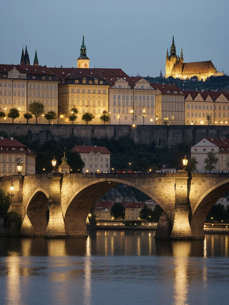 her name is Asako, high quality, 1girl, ((20-year-old fit Caucasian woman)), ((20 years old)), ((slim)), ((Korean Short Bob)), pose: standing, wearing Contemporary Generation-Z modern wear different colored, BACKGROUND:  "On the Charles Bridge, with historic street lamps casting a glow over the Vltava River and Prague Castle illuminated in the distance."