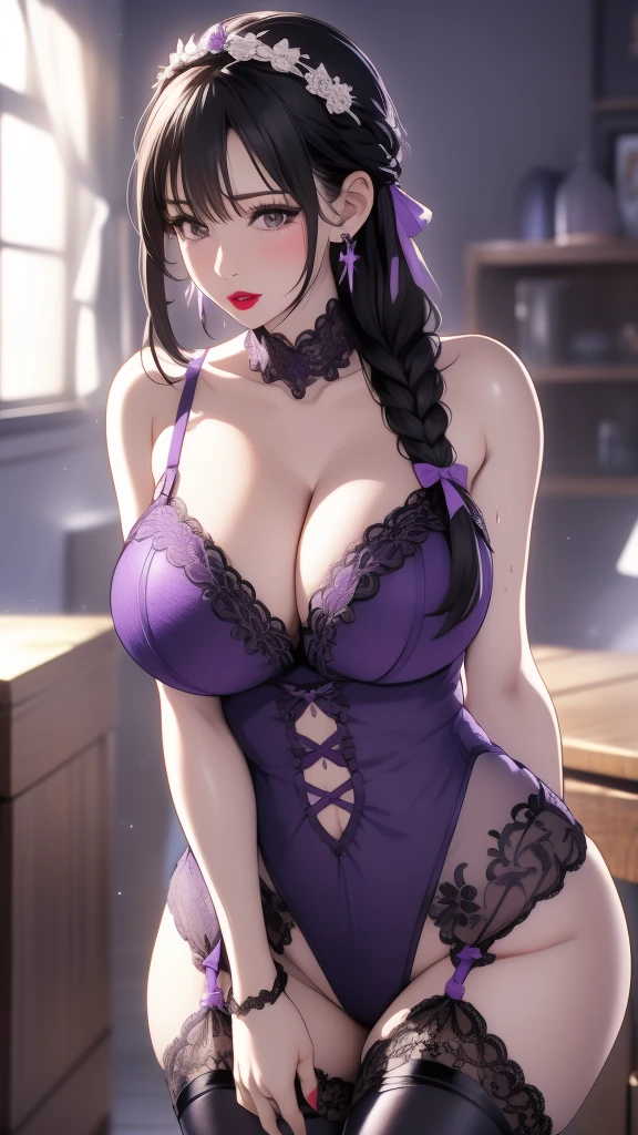 mature beautiful wife,Big breasts,whey,Shy,Face red,The room is dark,Covered in white mucus,Purple lace,Purple lace,stockings,Close eyes,pant,earrings,lipstick,Black Hair,Clothes are thin,side braid,Sweat,Square bite,Black Hair,noble