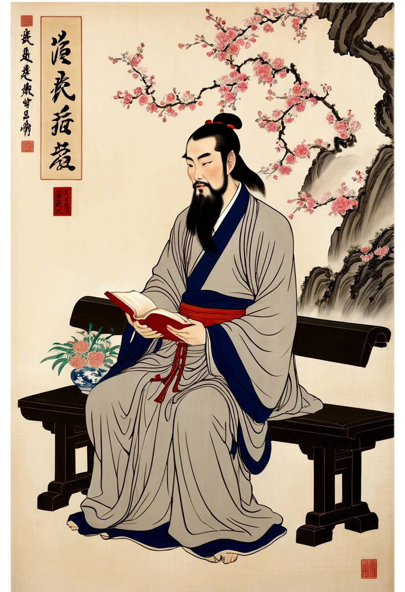 Arav man sitting on a bench,Holding a book and a vase of flowers, by Guo Xi, by Cao Zhibai, by Zhu Da, Inspired by Wu Daozi, by Qu Leilei, by Chen Daofu, by Li Rongjin, Ancient Chinese Painting, by Chen Hongshou, by Wang Zhongyu