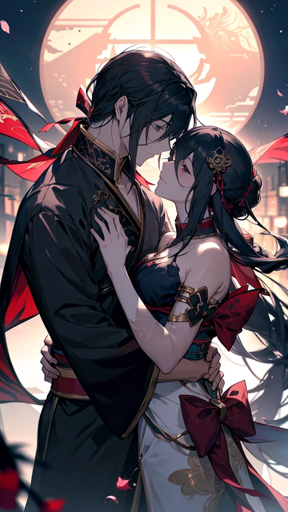 Anime couple kissing in the dark with red petals falling, Gap Moe Yandere Grimdark, WLOP and Sakimi-chan, Nightcore, onmyoji, From Arknights, by Shimo, Gothic Maiden Anime Girl, nixeu and sakimichan, Anime Art, White-haired God, Digital art on pixiv, The Detailed Art of the Onmyoji
