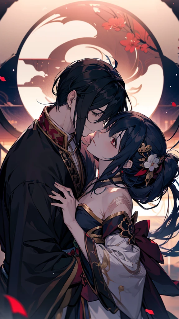 Anime couple kissing in the dark with red petals falling, Gap Moe Yandere Grimdark, WLOP and Sakimi-chan, Nightcore, onmyoji, From Arknights, by Shimo, Gothic Maiden Anime Girl, nixeu and sakimichan, Anime Art, White-haired God, Digital art on pixiv, The Detailed Art of the Onmyoji