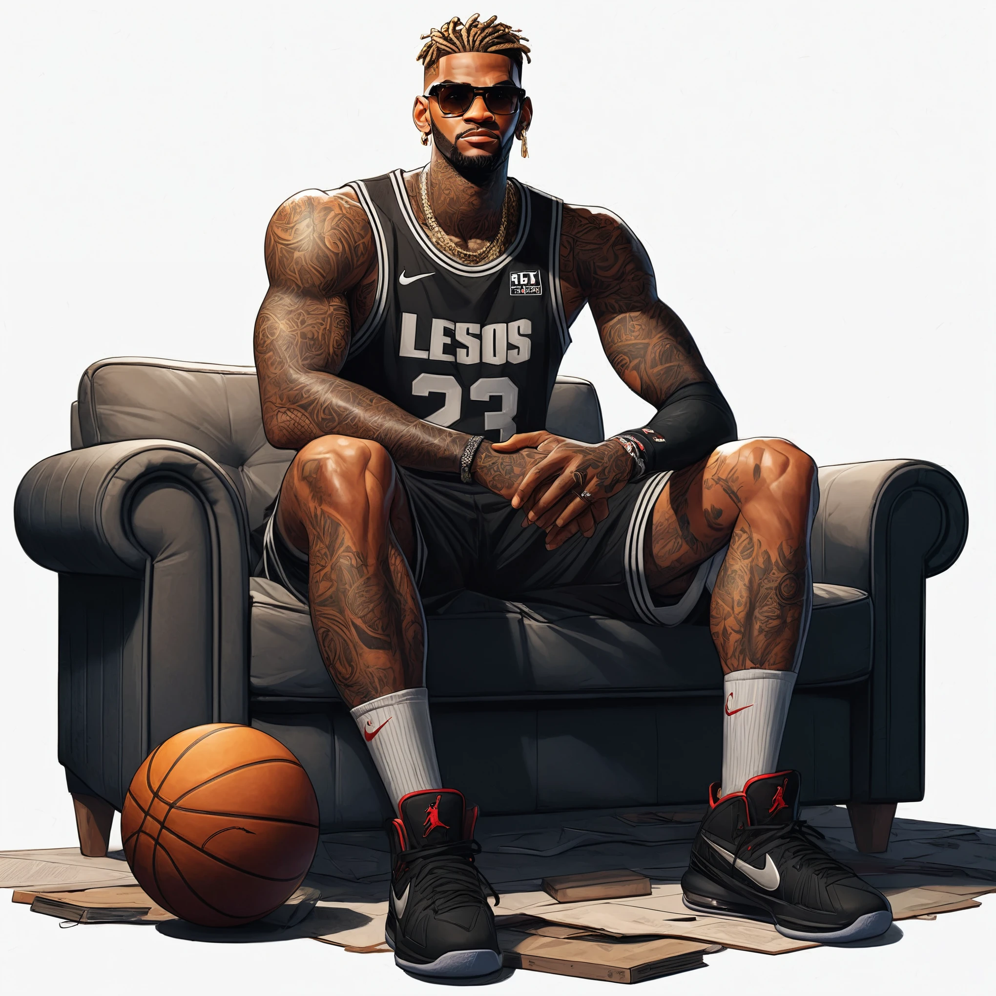 arafed man sitting on a couch with a basketball ball, james lebron, lebron james, lebron james in gta v cover art, concept art like ernest khalimov, by Eddie Mendoza, highly detailed character design, highly detailed character, basketball sneaker concept art, marshal mathers, portrait of lebron james, high quality portrait, style of jordan grimmer, court sketch art