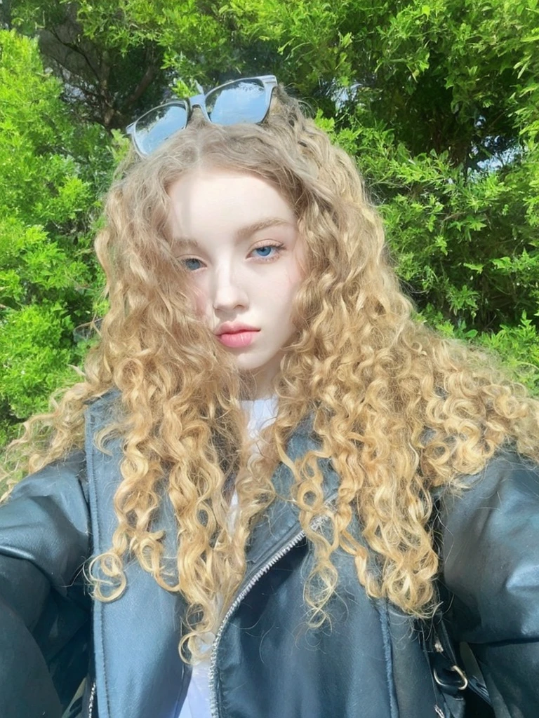 Pale with defined and voluminous blonde curly hair and light green eyes, potato nose with small pink lips, taking a photo looking at the camera with a gray t-shirt and good quality