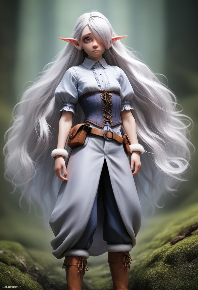 a girl with pale skin, short stature, very long wavy silver hair covering one eye, small breasts, pouty lips, and bright blue anime-style eyes with long lashes, wearing a corset, white puffy long sleeved shirt, and puffy cloth pants, leather bound boots, set in a windy fantasy landscape, (best quality,4k,8k,highres,masterpiece:1.2),ultra-detailed, dungeons and dragons, long elf ears, small girl, detailed skin and cloth textures, cute detailed face, intricate details, extremely detailed, 1girl, dynamic pose with hair covering one eye, shy personality, puffy cloth pants with leather belt, detailed privateer outfit, detailed buccaneer outfit, pouch on belt, wearing ornate leather armor with fur trim, silver inlay detail, wearing fur trimmed boots, wearing fur trimmed gloves, short, short height, halfing girl, small girl, very long detailed flowing hair, big head, big round eyes, windy, wind blown hair, wirey muscles, fighter, dynamic angle