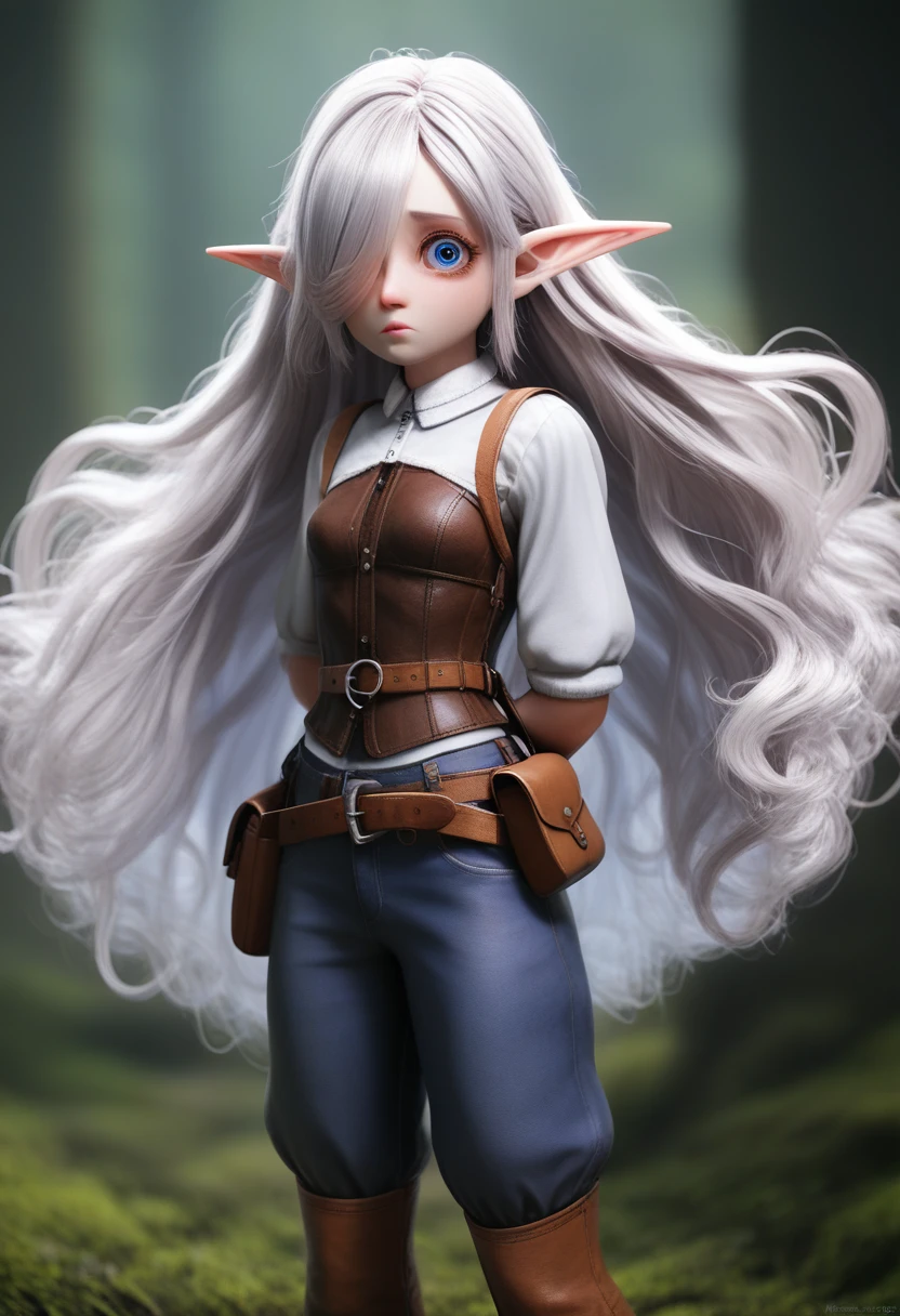 a girl with pale skin, short stature, very long wavy silver hair covering one eye, small breasts, pouty lips, and bright blue anime-style eyes with long lashes, wearing a corset, white puffy long sleeved shirt, and puffy cloth pants, leather bound boots, set in a windy fantasy landscape, (best quality,4k,8k,highres,masterpiece:1.2),ultra-detailed, dungeons and dragons, long elf ears, small girl, detailed skin and cloth textures, cute detailed face, intricate details, extremely detailed, 1girl, dynamic pose with hair covering one eye, shy personality, puffy cloth pants with leather belt, detailed privateer outfit, detailed buccaneer outfit, pouch on belt, wearing ornate leather armor with fur trim, silver inlay detail, wearing fur trimmed boots, wearing fur trimmed gloves, short, short height, halfing girl, small girl, very long detailed flowing hair, big head, big round eyes, windy, wind blown hair, wirey muscles, fighter, dynamic angle