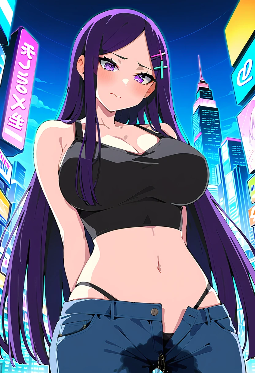 (masterpiece:1.37), best quality, (extremely detailed:1.37), woman, (mature:1.5), (adult:1.5), large breasts, very long hair, (straight hair:1.5), dark purple hair, purple eyes, (extremely detailed eyes:1.37), crop top, cleavage, navel, groin, jeans, desperation, (wetting self:1.5), standing, embarrassed, humiliation, blushing, angry, city, futuristic, neon lighting, high-tech, street