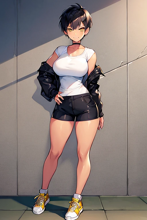 1girl, spiked hair, very short hair, yellow eyes, tan, tan skin, tan-skinned female, black hair, tomboy, pixie cut, large breasts, hourglass figure, thick thighs, smile, smirk, smug, toned, white shirt, jacket, sneakers, black jacket, shirt, short pants, shorts, standing, full body