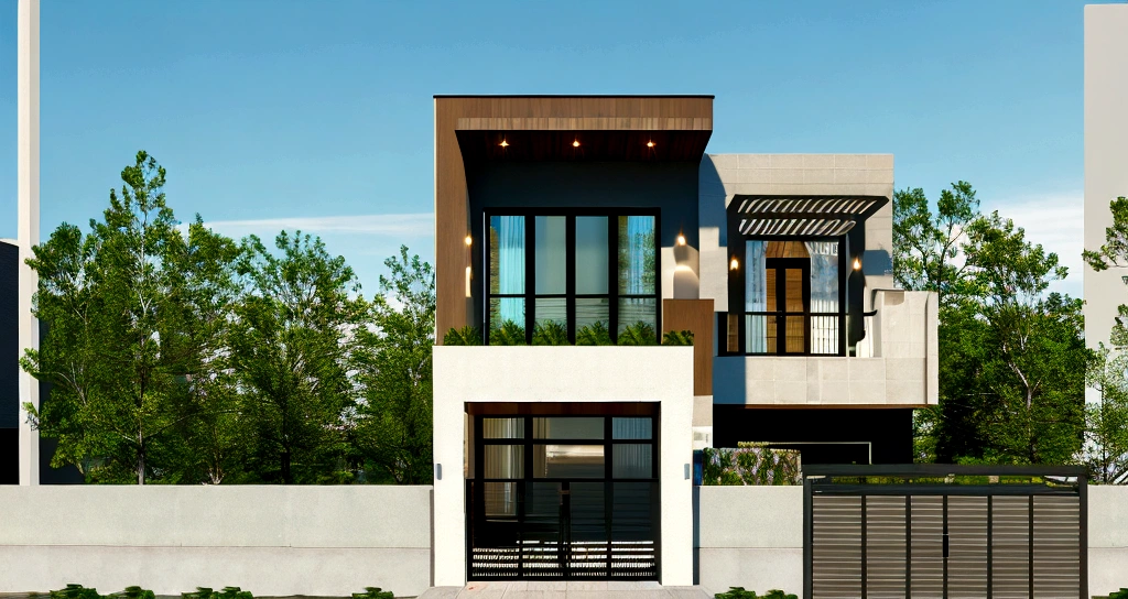 esign a modern two-story urban townhouse featuring a front facade with integrated pathways for pedestrians and vehicles, capturing the seamless flow of urban life, Realistic images, 8k, extremely high resolution