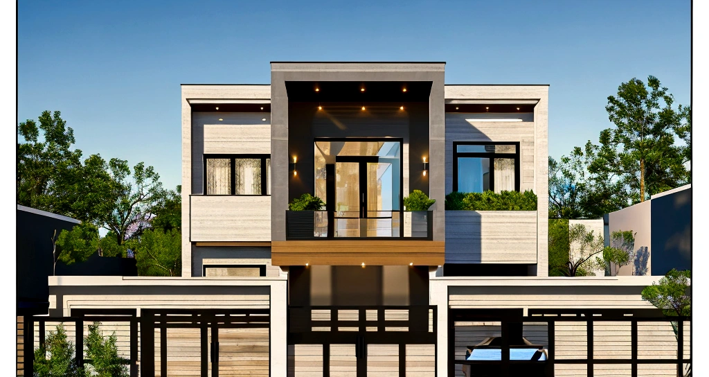 esign a modern two-story urban townhouse featuring a front facade with integrated pathways for pedestrians and vehicles, capturing the seamless flow of urban life, Realistic images, 8k, extremely high resolution