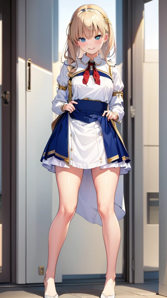 Full Body、Female、立ってる、スカートを捲る、(Stretching out the tongue)、Drooling,(Five fingertips:1.2),(Twin arms),(Twin legs),highest quality, 4K, (High resolution:1.3) masterpiece, 1.2, Super detailed, HDR, Studio Lighting, Sharp Focus, Bright colors, Portrait, Warm tones, Soft Lighting,