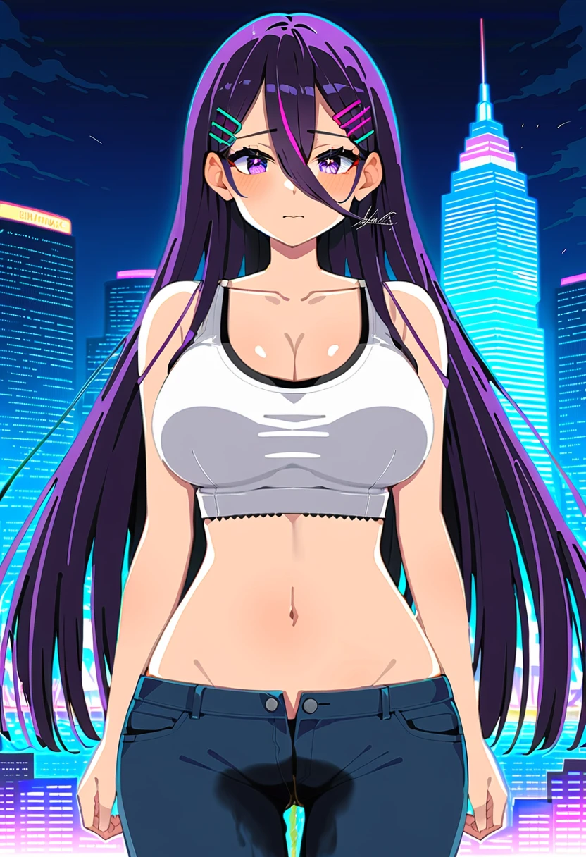 (masterpiece:1.37), best quality, (extremely detailed:1.37), woman, (mature:1.5), (adult:1.5), large breasts, very long hair, (straight hair:1.5), (extremely long bangs:1.5), dark purple hair, purple eyes, (extremely detailed eyes:1.37), crop top, cleavage, navel, groin, jeans, desperation, (wetting self:1.5), standing, embarrassed, humiliation, blushing, angry, city, futuristic, neon lighting, high-tech, street