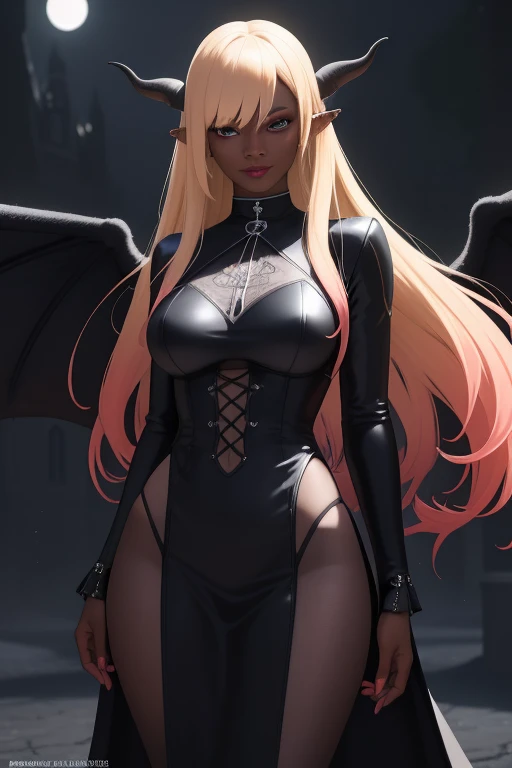 (highres:1.2,ultra-detailed,realistic,photorealistic:1.37), hentai, charming dark skinned succubus with red horns,black wings,seductive smile(medium),beautiful detailed eyes,beautiful detailed lips,tight leather outfit,whip in hand,standing before a dark castle,full moon in the background,hauntingly beautiful eyes,long lashes,pointed ears,strawberry-blonde hair flowing,sleek and shiny,raven black wings,piercing gaze,confident posture,mysterious atmosphere,vivid colors,soft moonlight casting a glow,ominous shadows,imposing gothic architecture,strong and defined facial features,dark and alluring,sensuous aura.