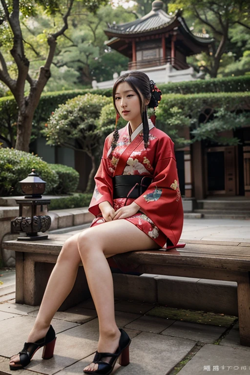 Beautiful Chinese woman with traditional kimono sitting in china park