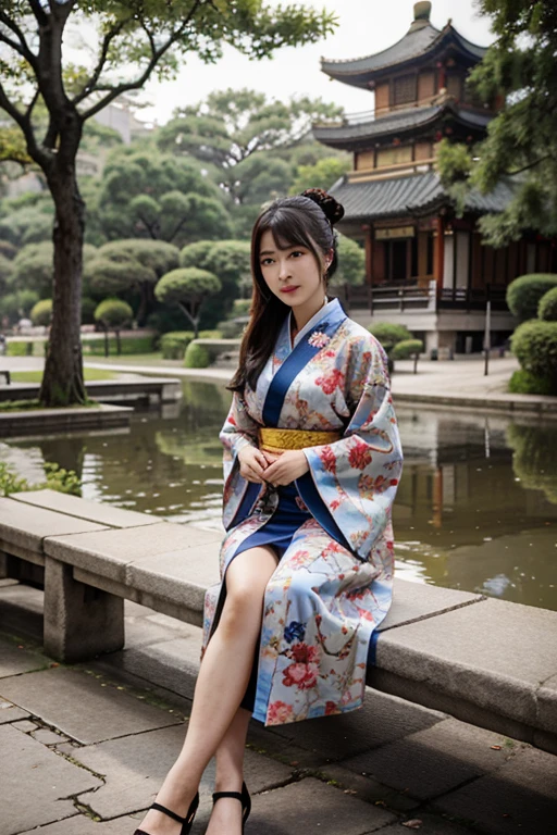Beautiful Chinese woman with traditional kimono sitting in china park