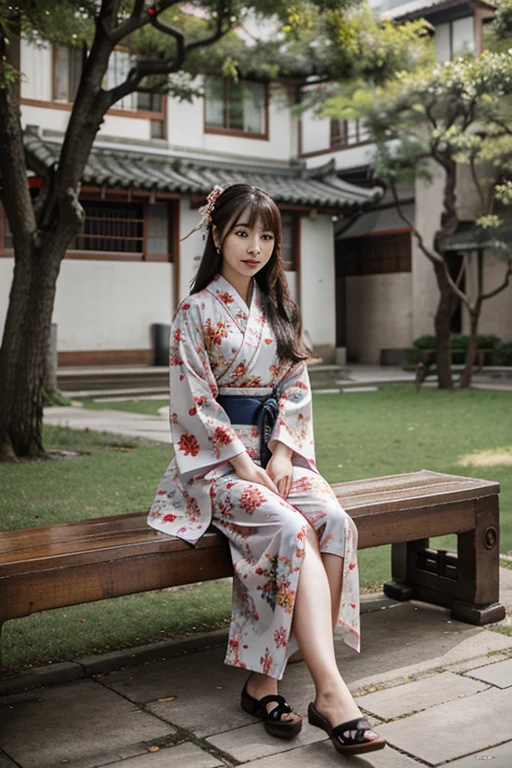 Beautiful Chinese woman with traditional kimono sitting in china park