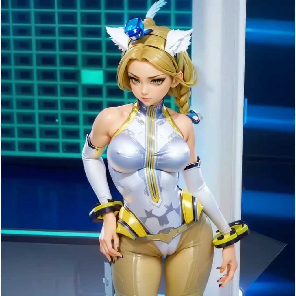 a close up of a woman in a cyber leotard suit, female, video game character, cyber suit, clothed in cyber armour, cyber fight armor, rogue anime girl, shy blush, wearing a leotard thong, highheels, fullbodyshot, model pose, chocker, cameltoe, big ass, big thighs, toned body, detailed anatomy, anatomically correct, highcut leotard, highleg leotard, colored hair, glossy lipstick, yellow eyes, highleg, g-string leotard, full body shot, high_res, high tension, stretched fabric, wedge, high_resolution, very_detailed, cameltoe, masterpiece, best quality, absurdres, highres, 4k, ray tracing, intricate details, highly detailed, big breasts, huge ass, full_body, ultra sexy, very high detail, detailed clothing, detailed textures, full body in shot, color harmony, pleasent colors, vibrant, yellow painted fingernails, yellow nailpolish, makeup, mascara, eyeliner, blue eyeshadow, detailed face, ecchi style, anime, NSFW, lewd, cameltoe, nipple outline, skintight, reflective clothing texture, long eyelashes, pretty face, white catears, looking away