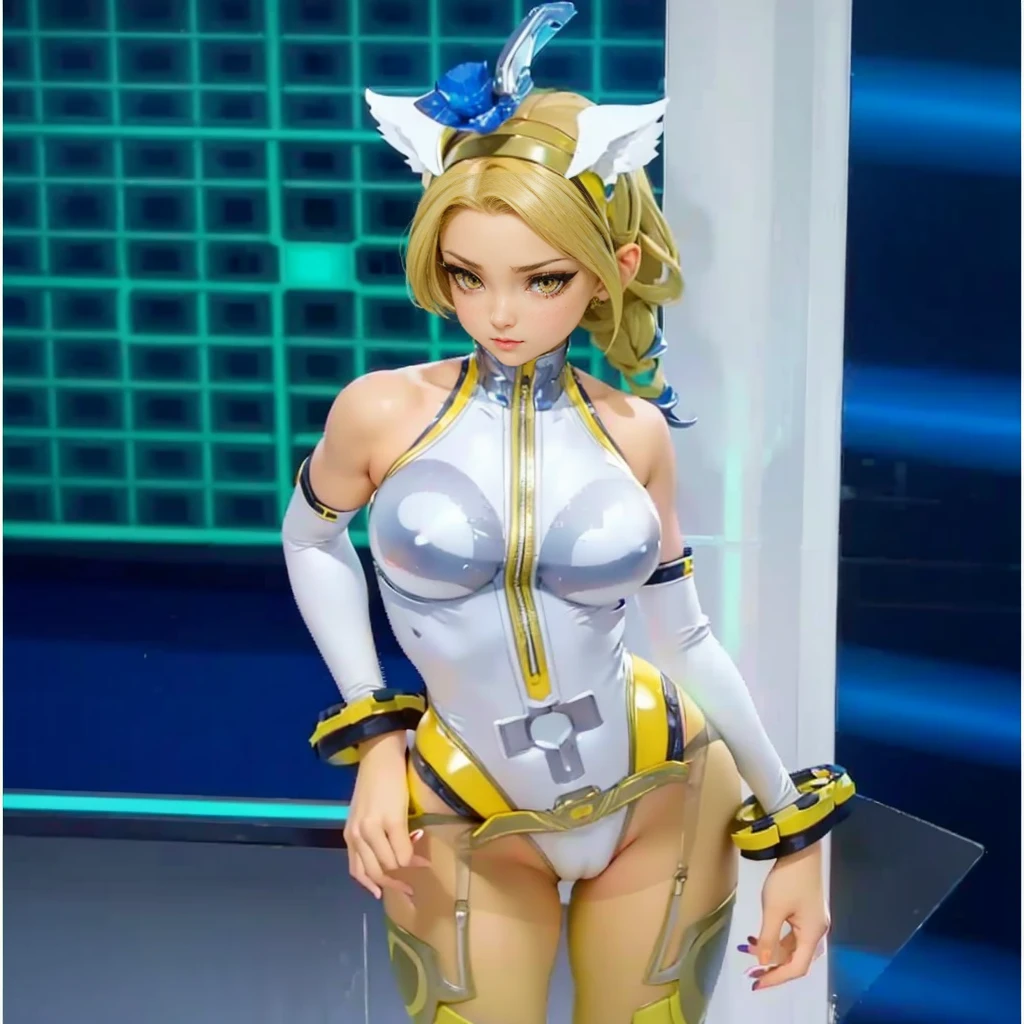 a close up of a woman in a cyber leotard suit, female, video game character, cyber suit, clothed in cyber armour, cyber fight armor, rogue anime girl, shy blush, wearing a leotard thong, highheels, fullbodyshot, model pose, chocker, cameltoe, big ass, big thighs, toned body, detailed anatomy, anatomically correct, highcut leotard, highleg leotard, colored hair, glossy lipstick, yellow eyes, highleg, g-string leotard, full body shot, high_res, high tension, stretched fabric, wedge, high_resolution, very_detailed, cameltoe, masterpiece, best quality, absurdres, highres, 4k, ray tracing, intricate details, highly detailed, big breasts, huge ass, full_body, ultra sexy, very high detail, detailed clothing, detailed textures, full body in shot, color harmony, pleasent colors, vibrant, yellow painted fingernails, yellow nailpolish, makeup, mascara, eyeliner, blue eyeshadow, detailed face, ecchi style, anime, NSFW, lewd, cameltoe, nipple outline, skintight, reflective clothing texture, long eyelashes, pretty face, white catears, looking away