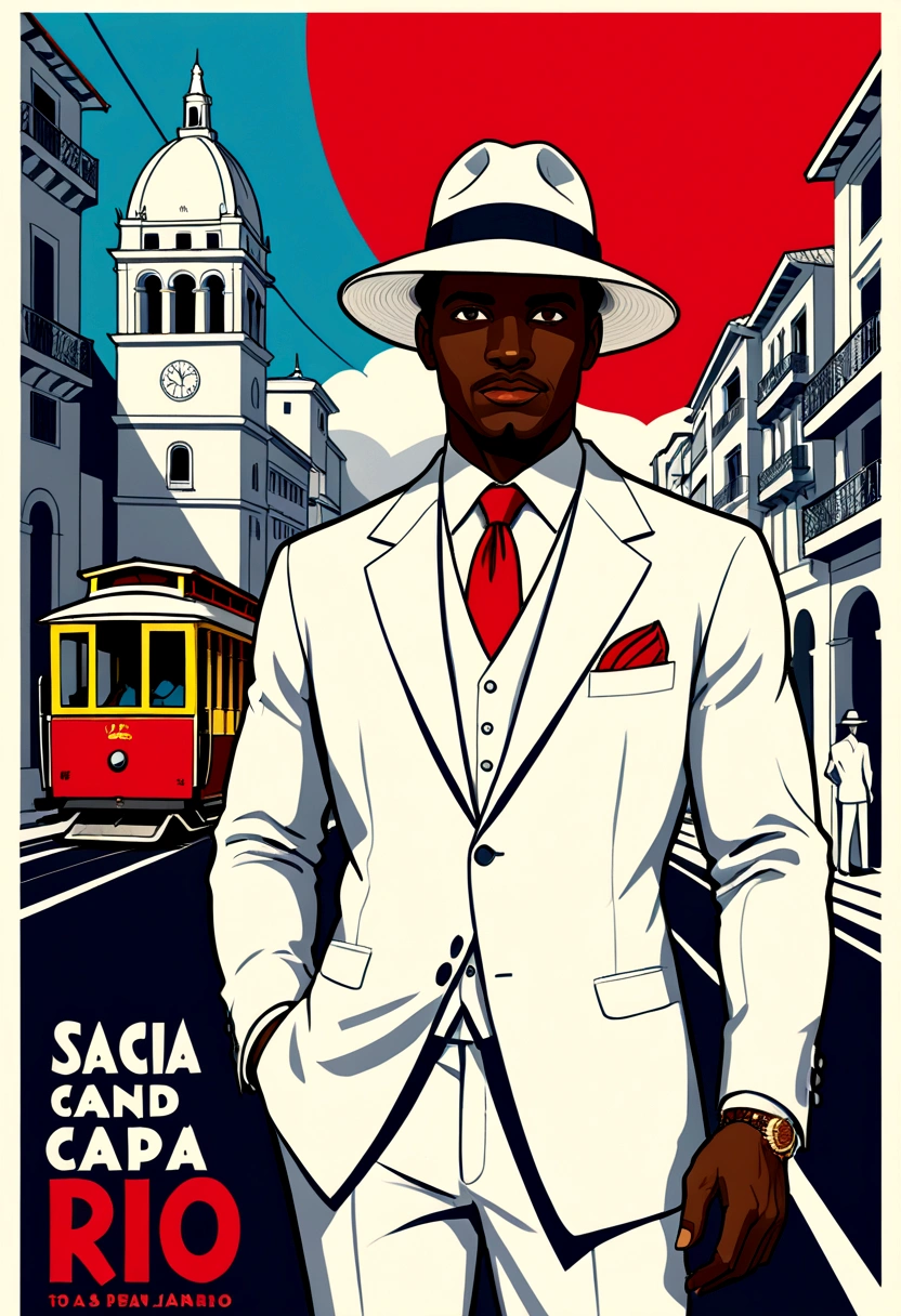 Create a poster image for a retro-themed poster. The art of sketches, red pen doodles should have a textured background with vibrant colors and a drawing of a black man in a white suit and stylish red tie with a panama hat. Add retro graphic elements from images of Rio de Janeiro such as the lapa arches, cable car, sugar loaf that are tourist attractions in Rio de Janeiro to complement the design.