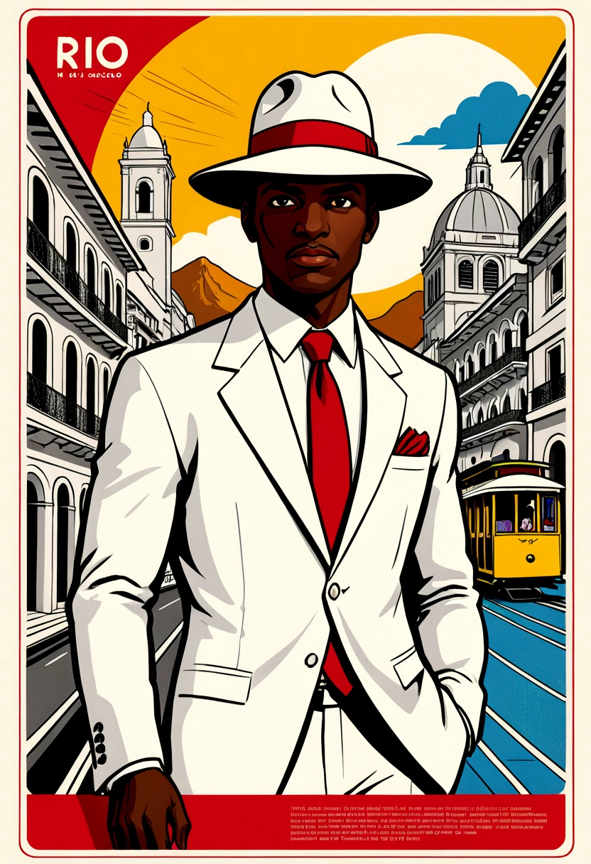Create a poster image for a retro-themed poster. The art of sketches, red pen doodles should have a textured background with vibrant colors and a drawing of a black man in a white suit and stylish red tie with a panama hat. Add retro graphic elements from images of Rio de Janeiro such as the lapa arches, cable car, sugar loaf that are tourist attractions in Rio de Janeiro to complement the design.