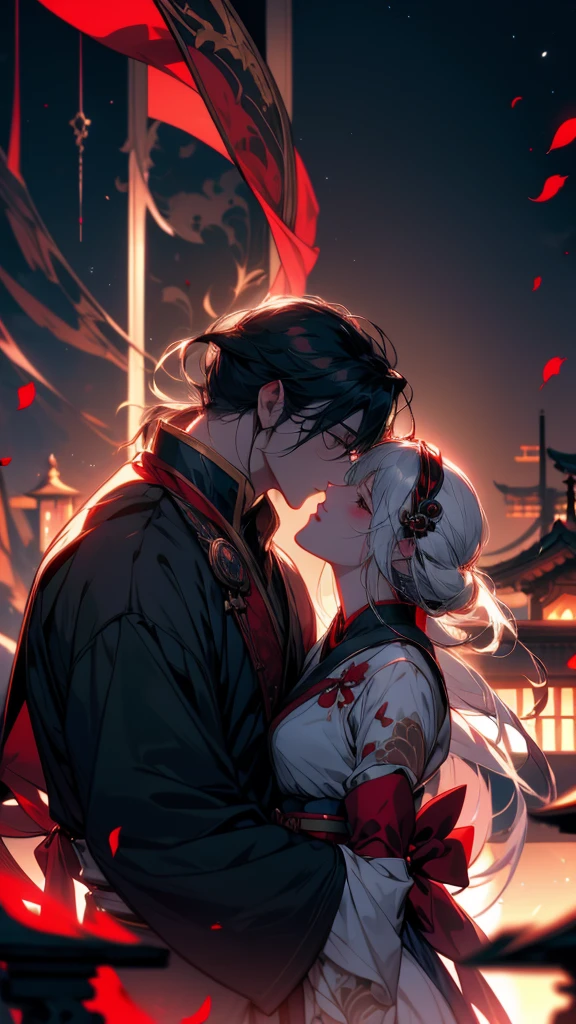 Anime couple kissing in the dark with red petals falling, Gap Moe Yandere Grimdark, WLOP and Sakimi-chan, Nightcore, onmyoji, From Arknights, by Shimo, Gothic Maiden Anime Girl, nixeu and sakimichan, Anime Art, White-haired God, Digital art on pixiv, The Detailed Art of the Onmyoji