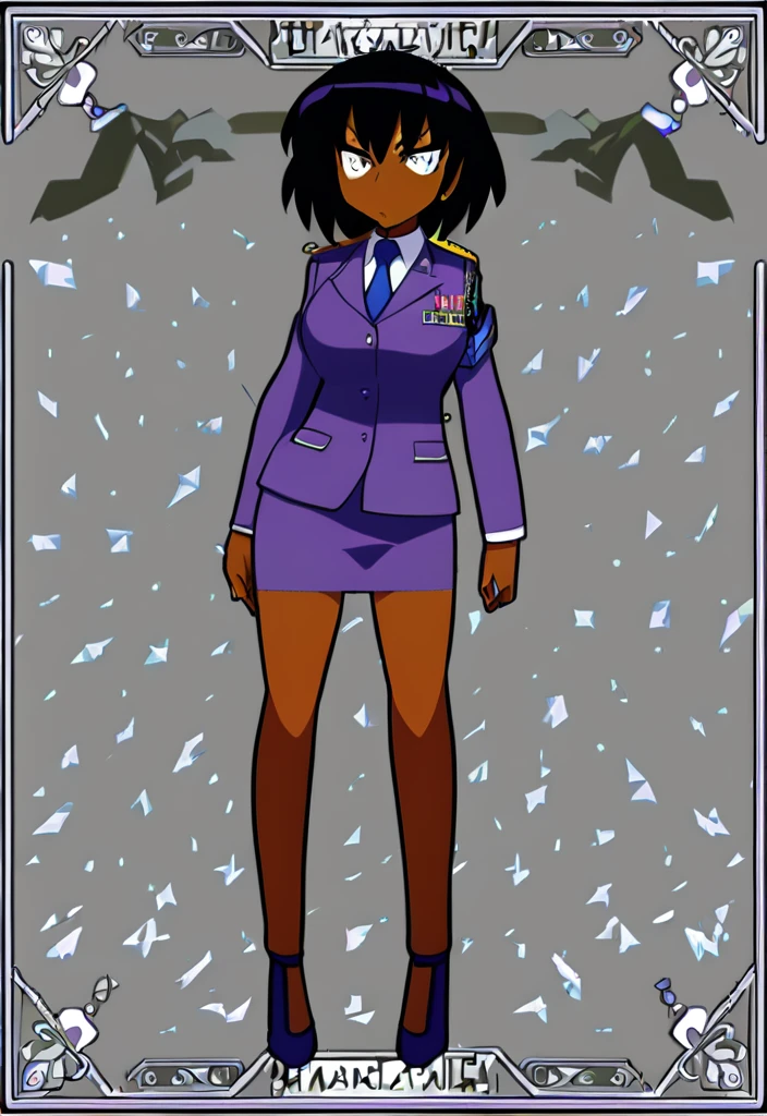 Make a evil military black anime woman in a purple skirt suit witha tie on full body