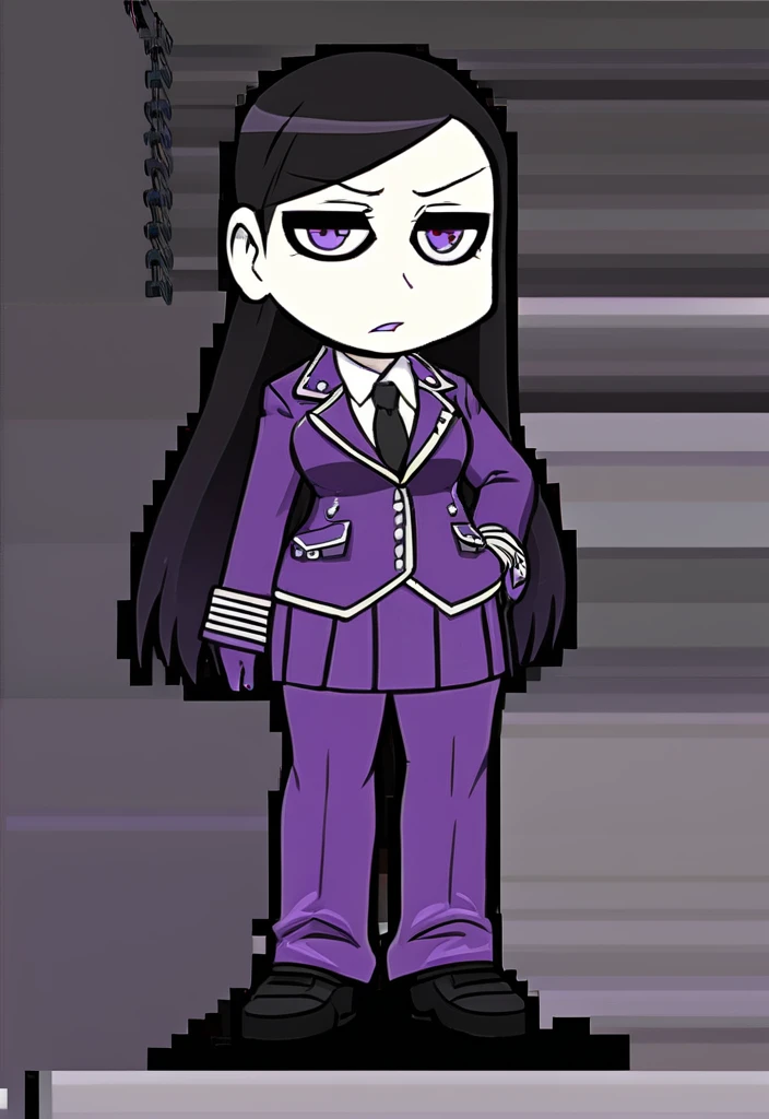 Make a evil military black anime woman in a purple skirt suit witha tie on full body