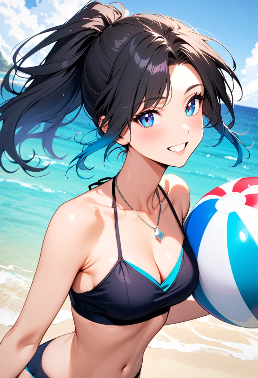 A young woman, 21-years-old, solo, Caucasian, black hair, cyan hair, gradient hair, multicolored hair, ponytail, two-tone hair, blue eyes, cheerful smile, mature face, dark blue bikini top, dark blue bikini bottom, midriff, holding a beachball, beach, thin silver necklace, white bracelet