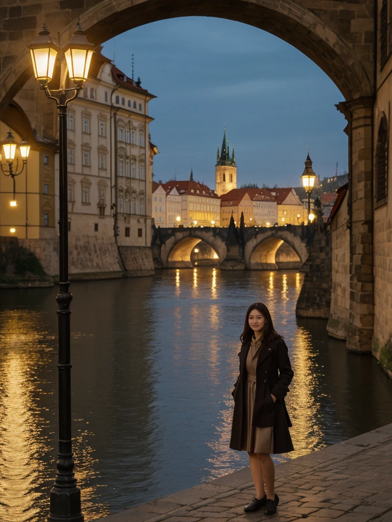 her name is Asako, high quality, 1girl, ((20-year-old fit Caucasian woman)), ((20 years old)), ((slim)), ((Korean Short Bob)), pose: standing, wearing Contemporary Generation-Z modern wear different colored, BACKGROUND: "On the Charles Bridge, with historic street lamps casting a glow over the Vltava River and Prague Castle illuminated in the distance."