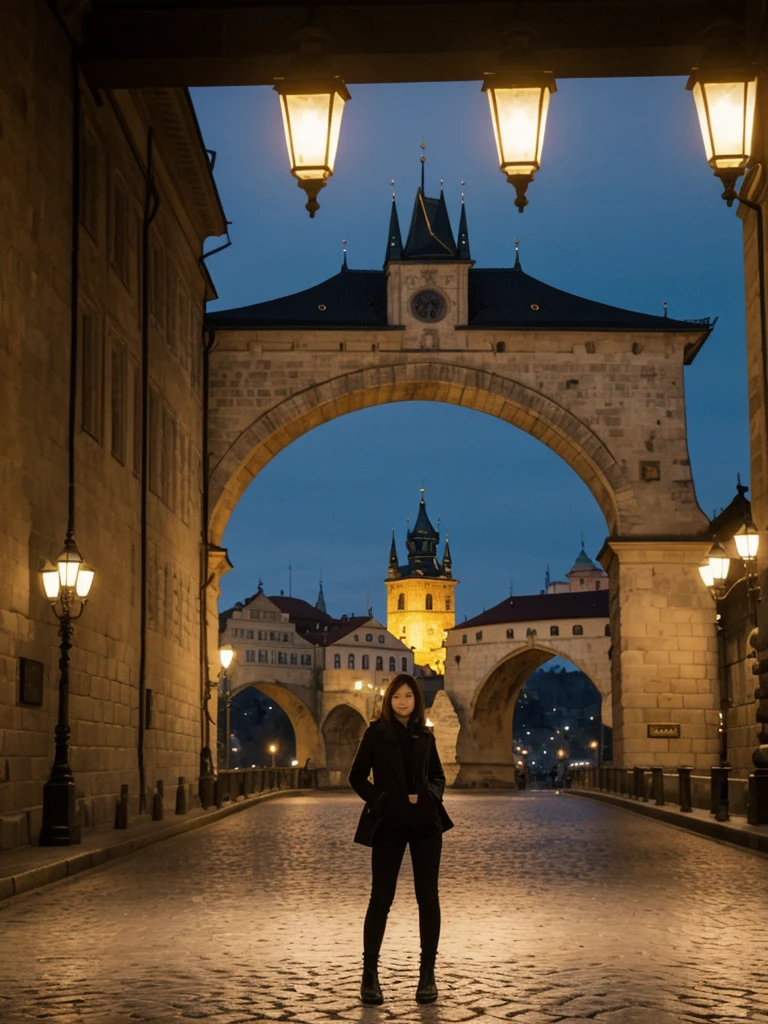 her name is Asako, high quality, 1girl, ((20-year-old fit Caucasian woman)), ((20 years old)), ((slim)), ((Korean Short Bob)), pose: standing, wearing Contemporary Generation-Z modern wear different colored, BACKGROUND:  "On the Charles Bridge, with historic street lamps casting a glow over the Vltava River and Prague Castle illuminated in the distance."