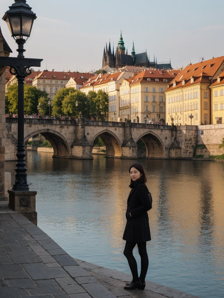 her name is Asako, high quality, 1girl, ((20-year-old fit Caucasian woman)), ((20 years old)), ((slim)), ((Korean Short Bob)), pose: standing, wearing Contemporary Generation-Z modern wear different colored, BACKGROUND: "On the Charles Bridge, with historic street lamps casting a glow over the Vltava River and Prague Castle illuminated in the distance."