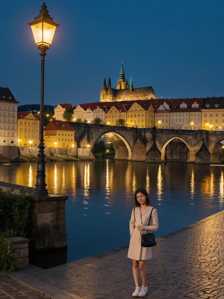 her name is Asako, high quality, 1girl, ((20-year-old fit Caucasian woman)), ((20 years old)), ((slim)), ((Korean Short Bob)), pose: standing, wearing Contemporary Generation-Z modern wear different colored, BACKGROUND:  "On the Charles Bridge, with historic street lamps casting a glow over the Vltava River and Prague Castle illuminated in the distance."