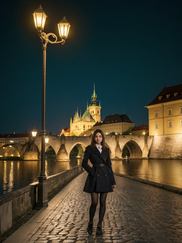 her name is Asako, high quality, 1girl, ((20-year-old fit Caucasian woman)), ((20 years old)), ((slim)), ((Korean Short Bob)), pose: standing, wearing Contemporary Generation-Z modern wear different colored, BACKGROUND:  "On the Charles Bridge, with historic street lamps casting a glow over the Vltava River and Prague Castle illuminated in the distance."