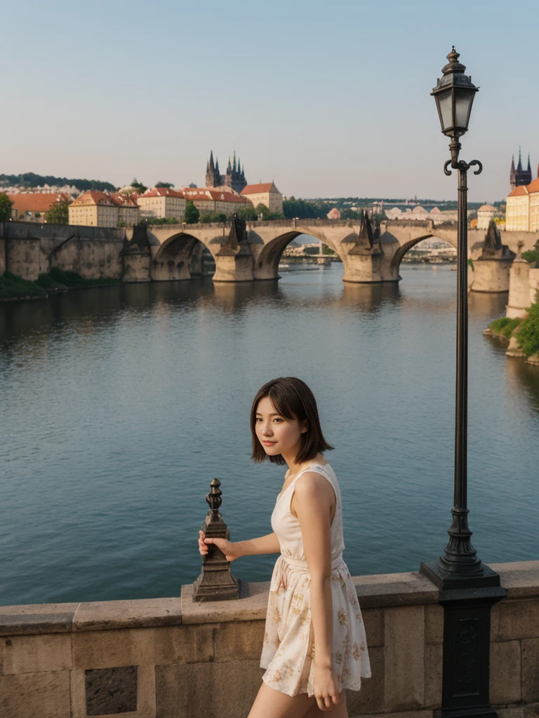 her name is Asako, high quality, 1girl, ((20-year-old fit Caucasian woman)), ((20 years old)), ((slim)), ((Korean Short Bob)), pose: standing, wearing Contemporary Generation-Z modern wear different colored, BACKGROUND: "On the Charles Bridge, with historic street lamps casting a glow over the Vltava River and Prague Castle illuminated in the distance."