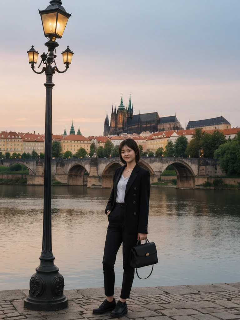 her name is Asako, high quality, 1girl, ((20-year-old fit Caucasian woman)), ((20 years old)), ((slim)), ((Korean Short Bob)), pose: standing, wearing Contemporary Generation-Z modern wear different colored, BACKGROUND: "On the Charles Bridge, with historic street lamps casting a glow over the Vltava River and Prague Castle illuminated in the distance."