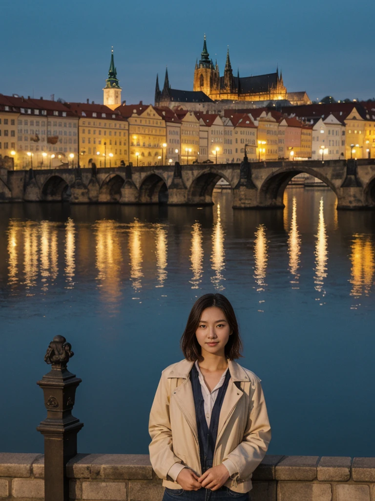 her name is Asako, high quality, 1girl, ((20-year-old fit Caucasian woman)), ((20 years old)), ((slim)), ((Korean Short Bob)), pose: standing, wearing Contemporary Generation-Z modern wear different colored, BACKGROUND: "On the Charles Bridge, with historic street lamps casting a glow over the Vltava River and Prague Castle illuminated in the distance."
