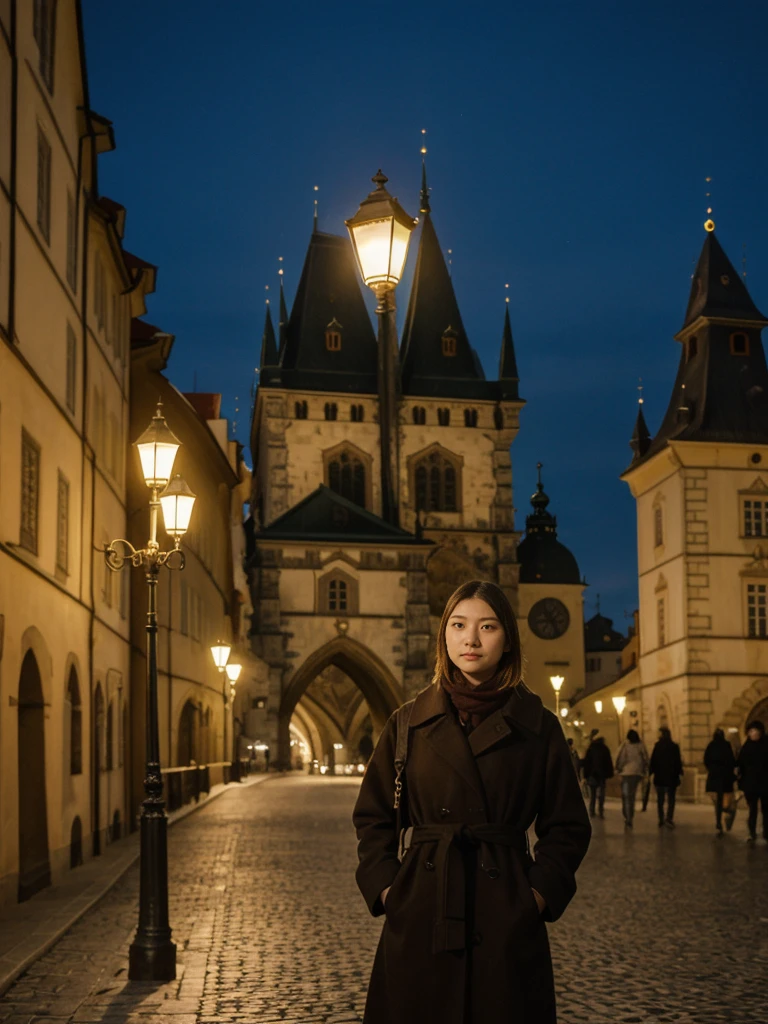 her name is Asako, high quality, 1girl, ((20-year-old fit Caucasian woman)), ((20 years old)), ((slim)), ((Korean Short Bob)), pose: standing, wearing Contemporary Generation-Z modern wear different colored, BACKGROUND: "On the Charles Bridge, with historic street lamps casting a glow over the Vltava River and Prague Castle illuminated in the distance."