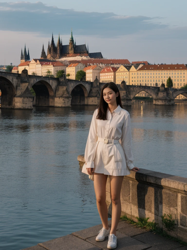 her name is Asako, high quality, 1girl, ((20-year-old fit Caucasian woman)), ((20 years old)), ((slim)), ((Korean Short Bob)), pose: standing, wearing Contemporary Generation-Z modern wear different colored, BACKGROUND:  "On the Charles Bridge, with historic street lamps casting a glow over the Vltava River and Prague Castle illuminated in the distance."