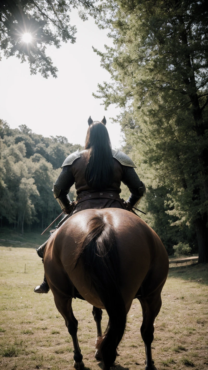 Highest quality, rear angle, low level shot, photo of a [Medieval|Fantasy] female knight with (muscular ass), (wearing [Chainmail|Leather] armor, exposed ass), perfect face, detailed facial features, looking back at viewer, serious expression, outdoors, in scenic high-fantasy country side woodlands, athletic body, big butt, (detailed skin), intricately detailed, overcast weather, dappled lighting, crepuscular rays, shadow casting, film grain, volumetric fog, photographed on a Canon EOS R3, 105mm F/2.8 VR Macro Lens, HDR, 8k, (sharp focus), cinematic film still from lord of the rings,  BREAK, surrounded by green forest view vibe while riding a stallion-horse with impressive huge horse cock),BREAK, (masterpiece),(best quality),(masutaa piisu), BREAK,  the horse is displaying its huge horse-pebie, ,must generate horse cock on the stallion-horse, riding on a horse, 