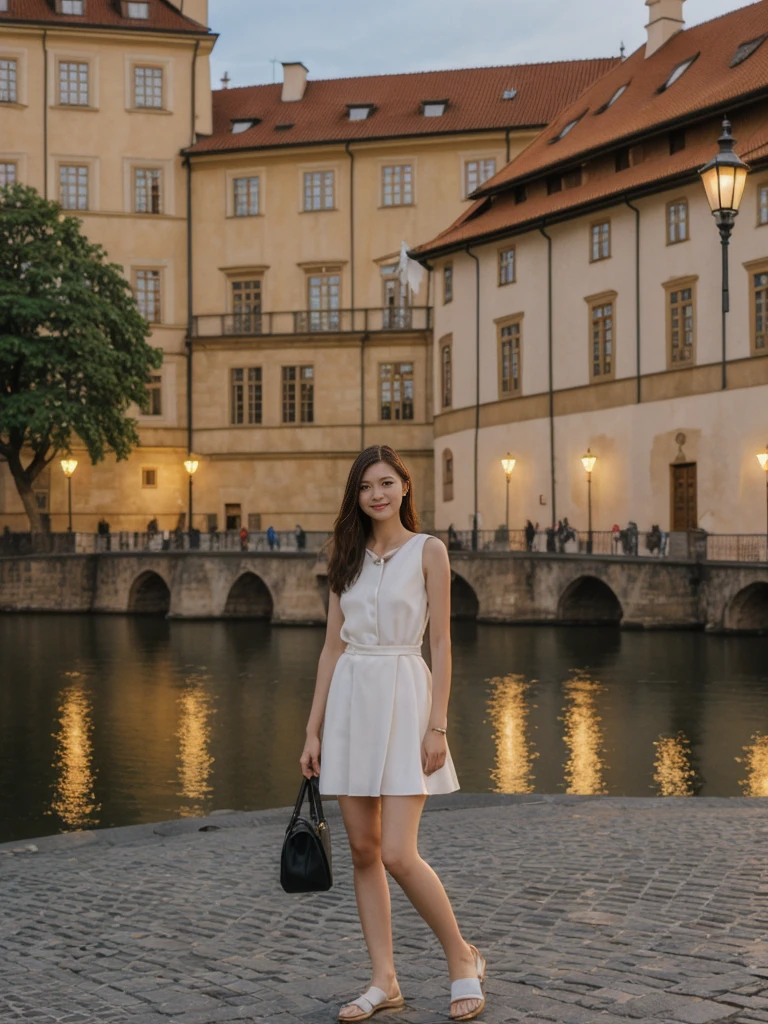 her name is Asako, high quality, 1girl, ((20-year-old fit Caucasian woman)), ((20 years old)), ((slim)), ((Korean Short Bob)), pose: standing, wearing Contemporary Generation-Z modern wear different colored, BACKGROUND:  "On the Charles Bridge, with historic street lamps casting a glow over the Vltava River and Prague Castle illuminated in the distance."