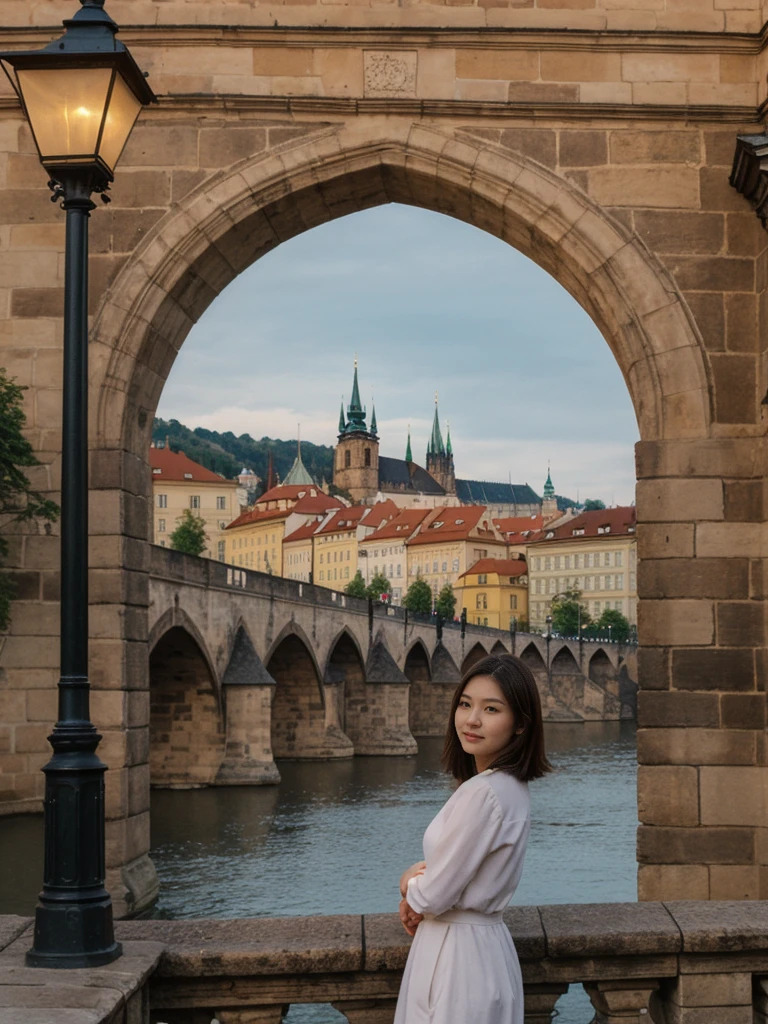 her name is Asako, high quality, 1girl, ((20-year-old fit Caucasian woman)), ((20 years old)), ((slim)), ((Korean Short Bob)), pose: standing, wearing Contemporary Generation-Z modern wear different colored, BACKGROUND: "On the Charles Bridge, with historic street lamps casting a glow over the Vltava River and Prague Castle illuminated in the distance."